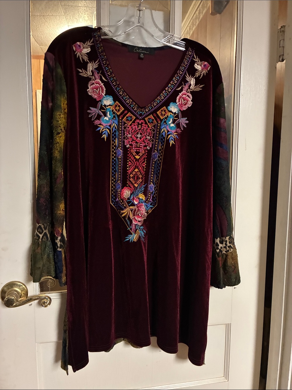 Chalet Burgundy Velvet Embroidered V-Neck Tunic Dress